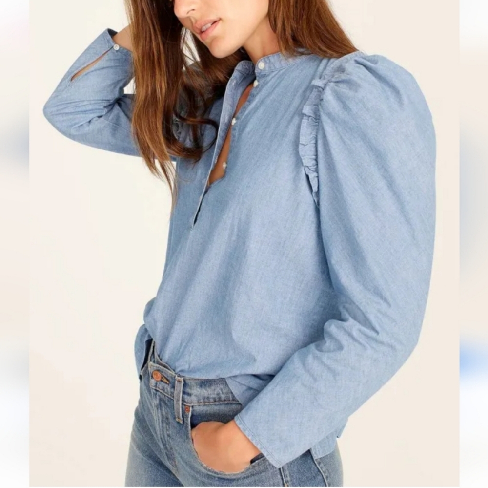 J Crew Ruffled Puff-Sleeve Denim Top, Relaxed Fit P2P 20 in.